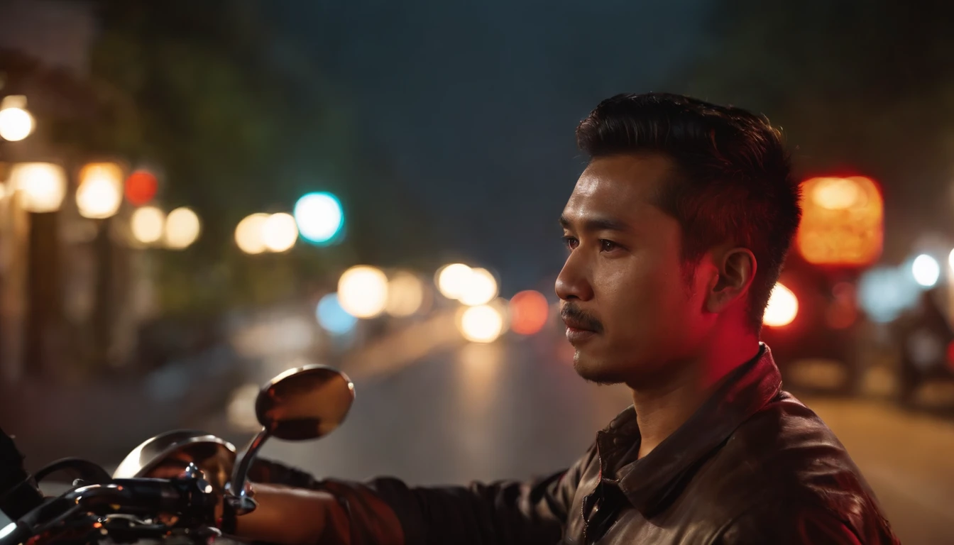 The face of an Indonesian motorcycle taxi driver who lights up red and scary in the dark night