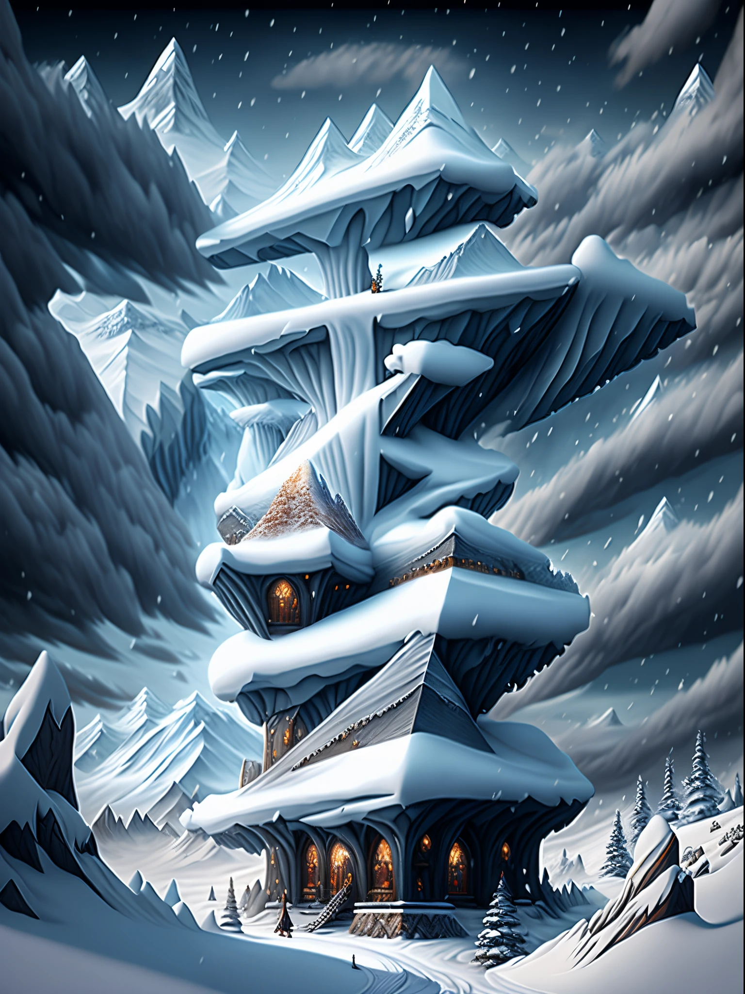 （Huge snowy mountains），（Blizzarding），Fantasyart，Surreal，,the ultra-detailed,