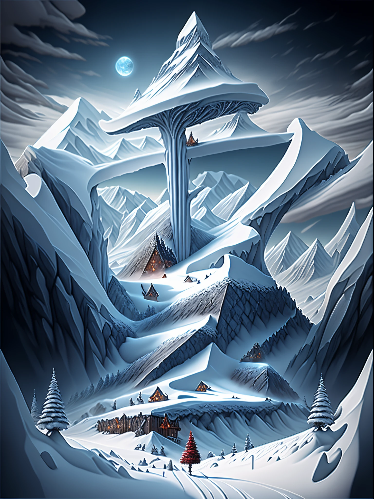 （Huge snowy mountains），（Blizzarding），Fantasyart，Surreal，,the ultra-detailed,