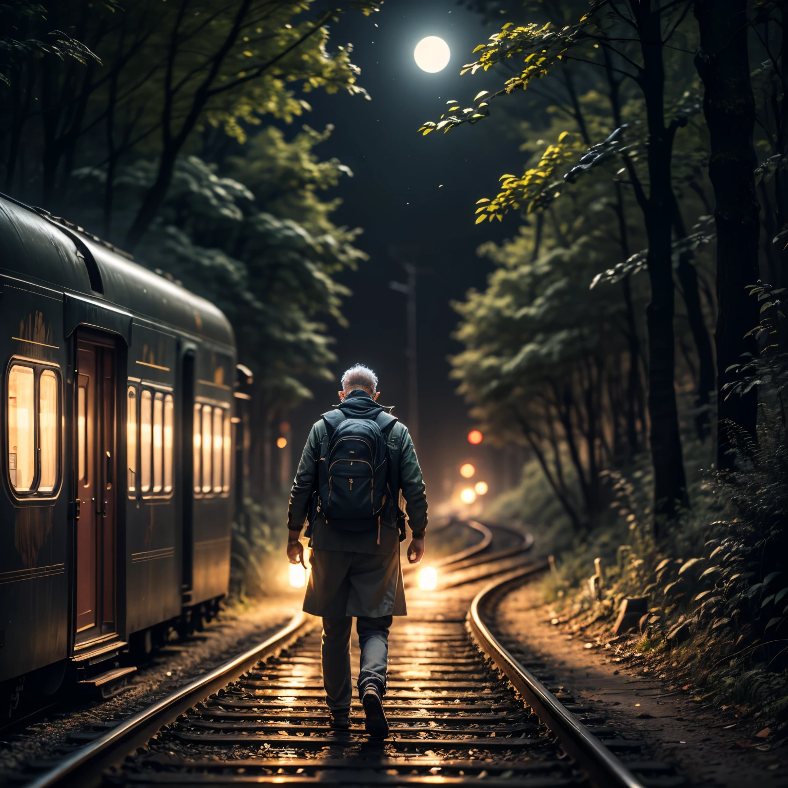 Realistic image of old man with a backpack and traveler's outfit, carrying a flashlight, walking along a train track in the middle of the night forest, night darkness, hunting weapons,