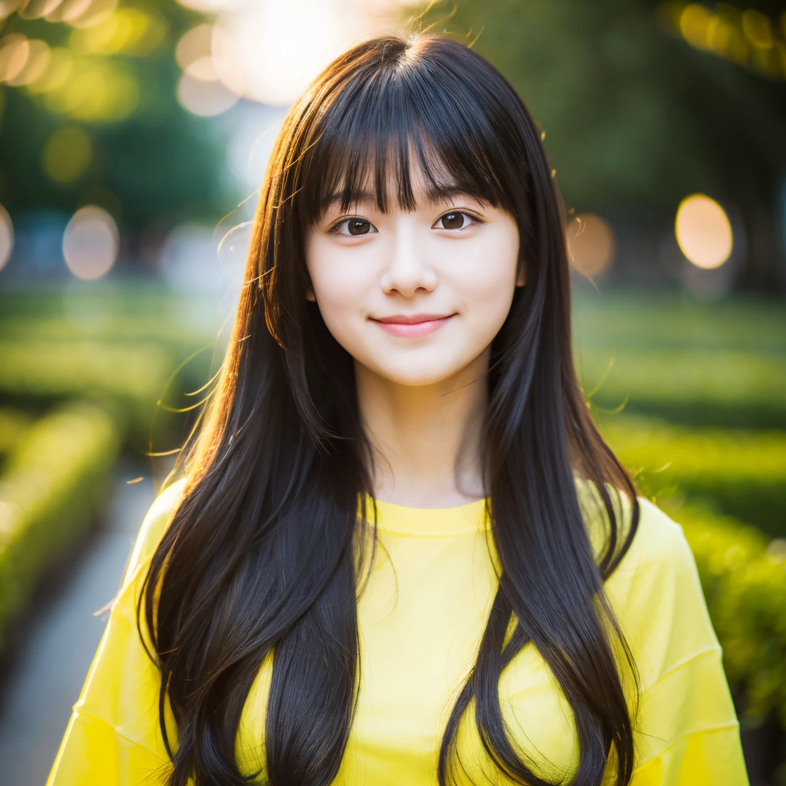 1 girl, pure yellow shirt, black long hair, bokeh,  yo, soft smile