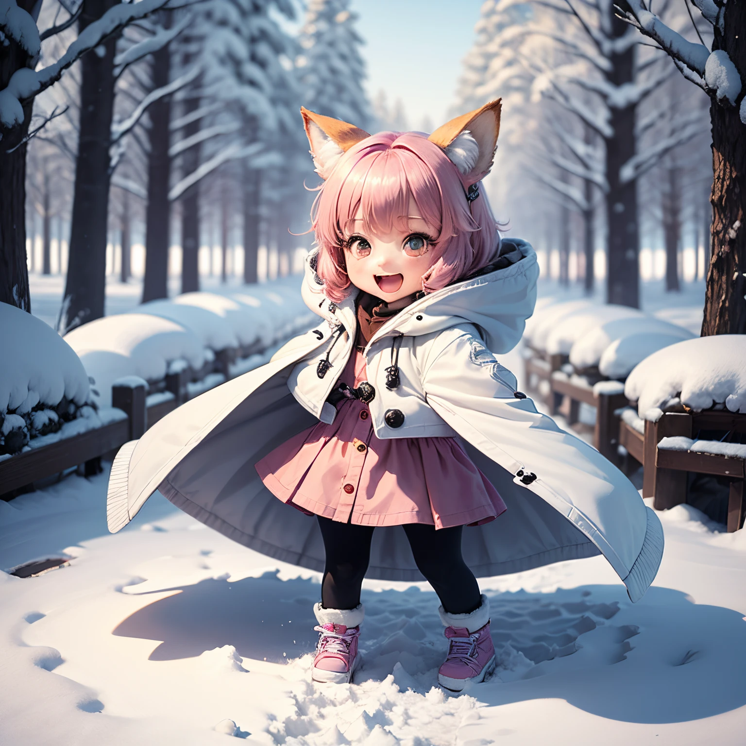 masterpiece、top-quality、ultra-detailliert、(Chibi Chara's Daughter:1.2)、Fox ears、Fairy tale forest in heavy snowfall area、Dancing、White duffel coat、Open your mouth and smile