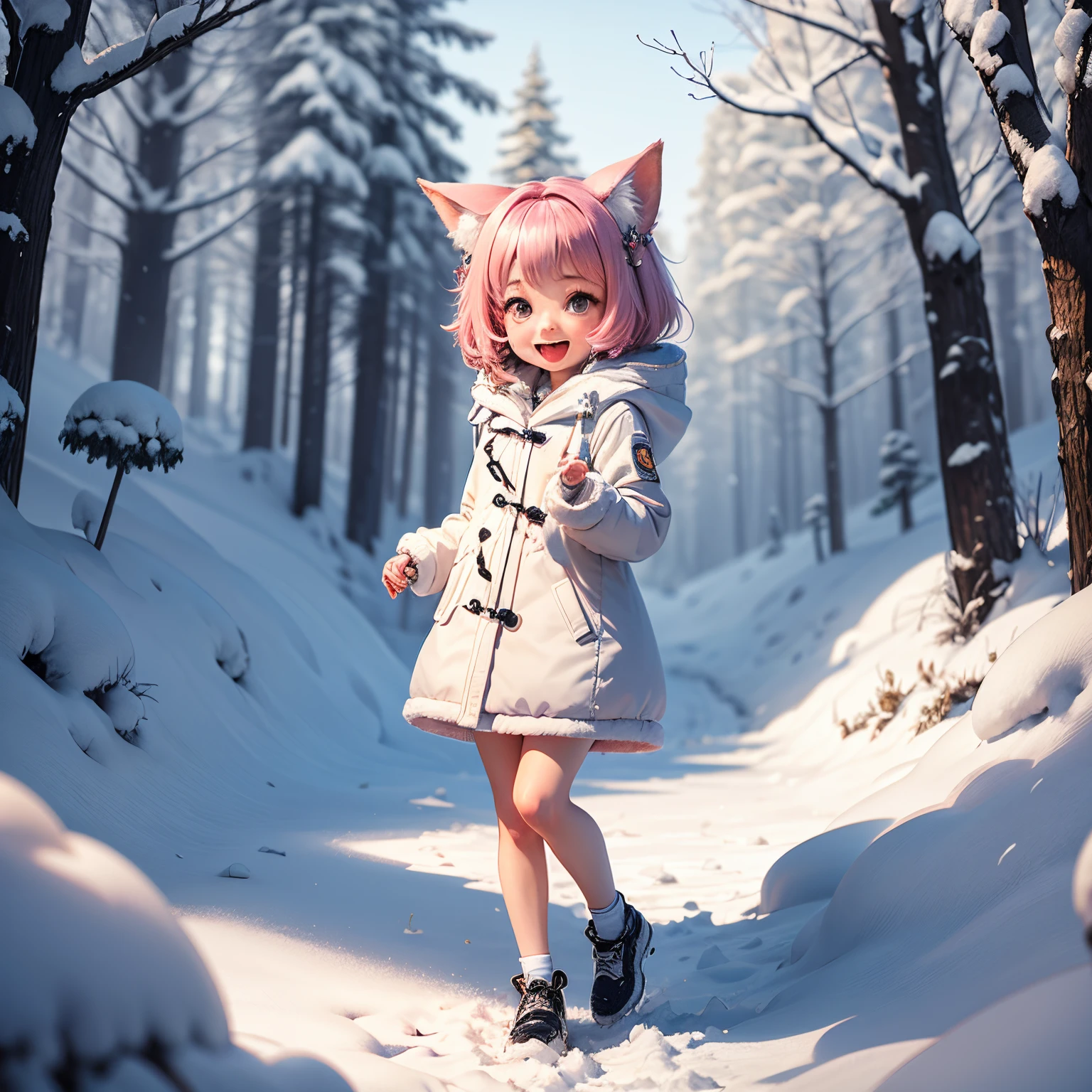 masterpiece、top-quality、ultra-detailliert、(Chibi Chara's Daughter:1.2)、Fox ears、Fairy tale forest in heavy snowfall area、Dancing、White duffel coat、Open your mouth and smile