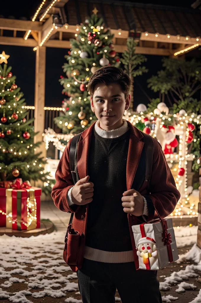 Boy dressed as Santa Claus, HOLDING IN HIS HANDS a red bag with gifts..., there is a Christmas tree next to him, Decorated with toys, vibrant glow, colored light bulbs glow in the sun, It's snowing