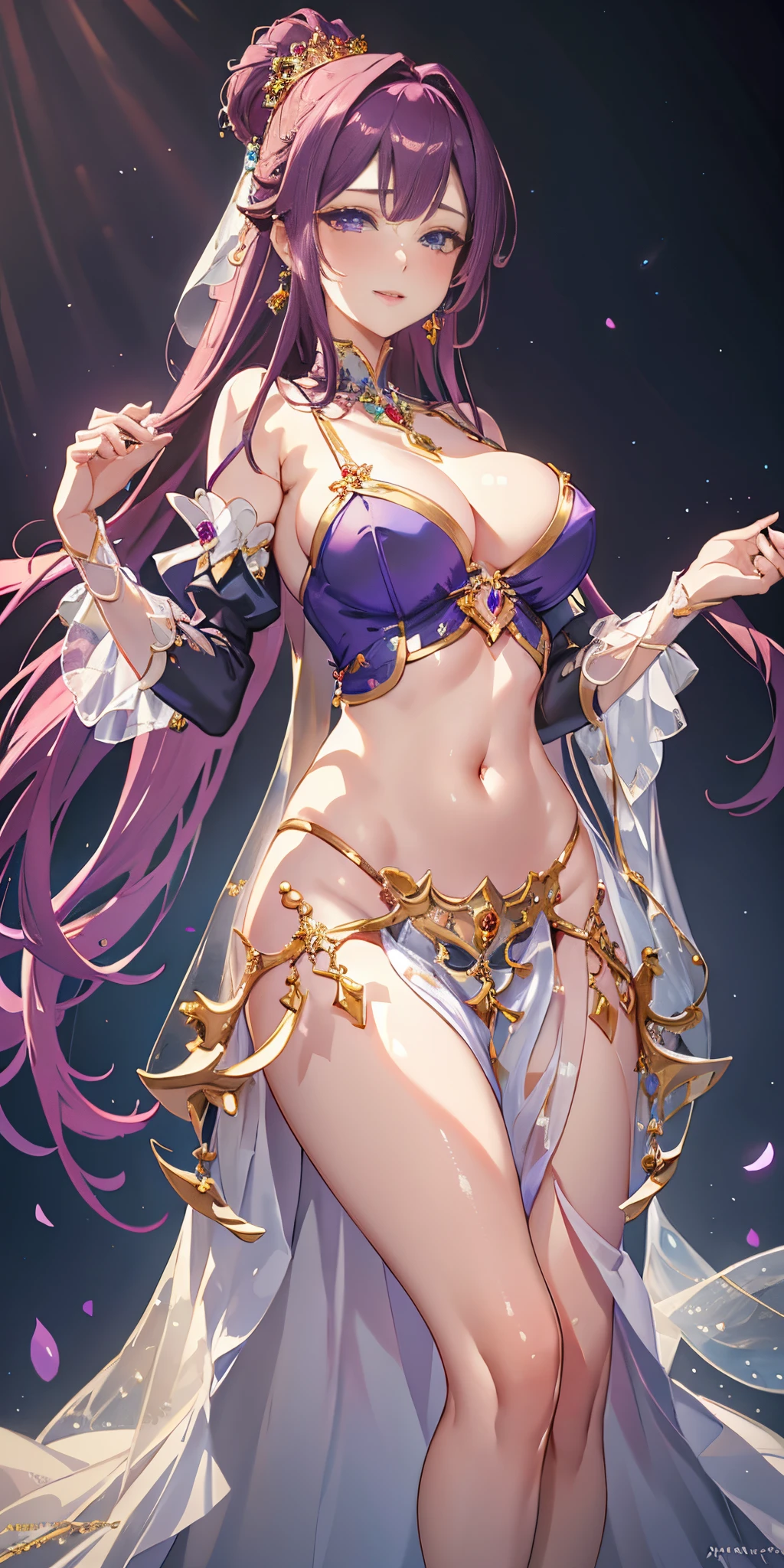 grape color, (one princess wearing sexy princess dress with transparent lace sleeves), (photorealistic:1.4), (masterpiece, sidelighting, finely detailed beautiful eyes: 1.2), Dynamic pose, masterpiece*portrait, realistic, 3d face, glowing eyes, shiny hair, lustrous skin, solo, (midriff), extreme long hair, smile, from blow, (masterpiece), best quality, embarrassed, necklace, earrings,