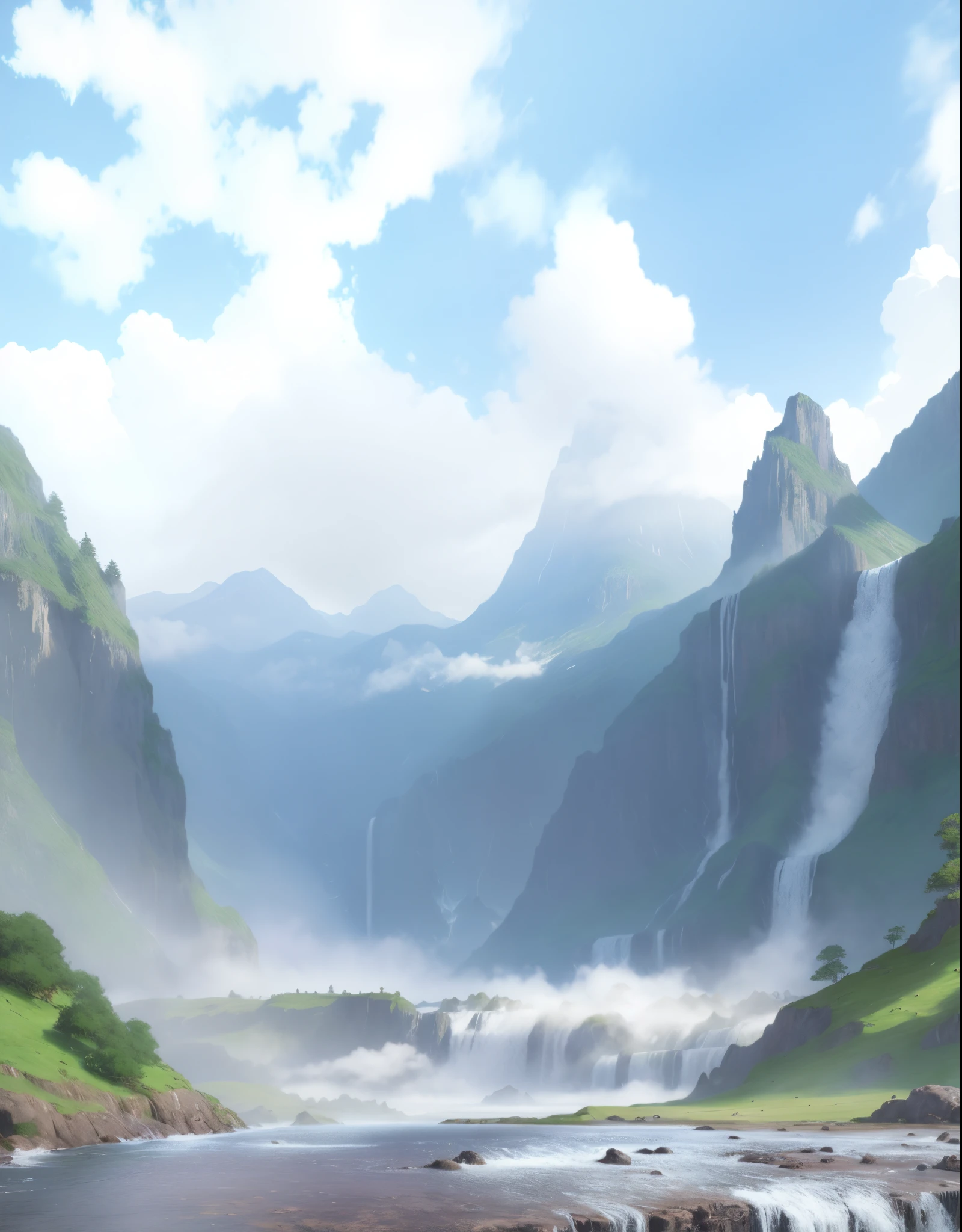 there is a painting of a waterfall in the middle of a mountain, waterfalls in the background, waterfall in the background, waterfall background, background artwork, background art, waterfalls in distance, immense waterfall, avatar landscape, waterfall in background, epic background, waterfall in distance, random background scene, soft focus matte painting, anime movie background, mobile game background, waterfall backdrop