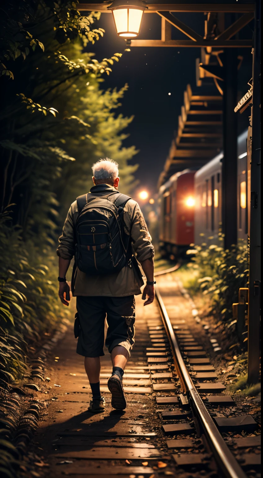 Realistic image of old man with a backpack and traveler's outfit, carrying a flashlight, walking along a train track in the middle of the night forest, night darkness, hunting weapons,