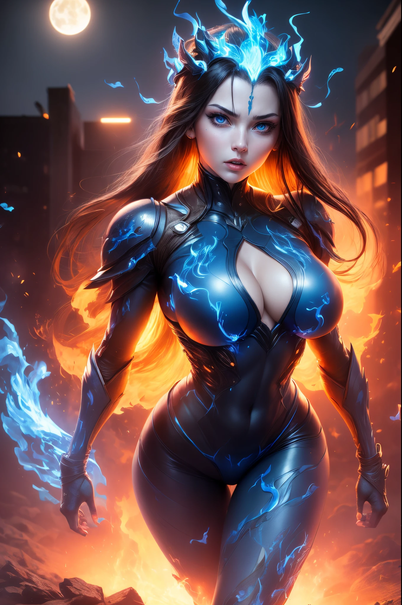 (masterpiece), best quality, expressive eyes, perfect face, raging_flames, busty female superhero, surrounded by (blue flames:1.4), nightsky, skyscraper background, moon, blue sparks