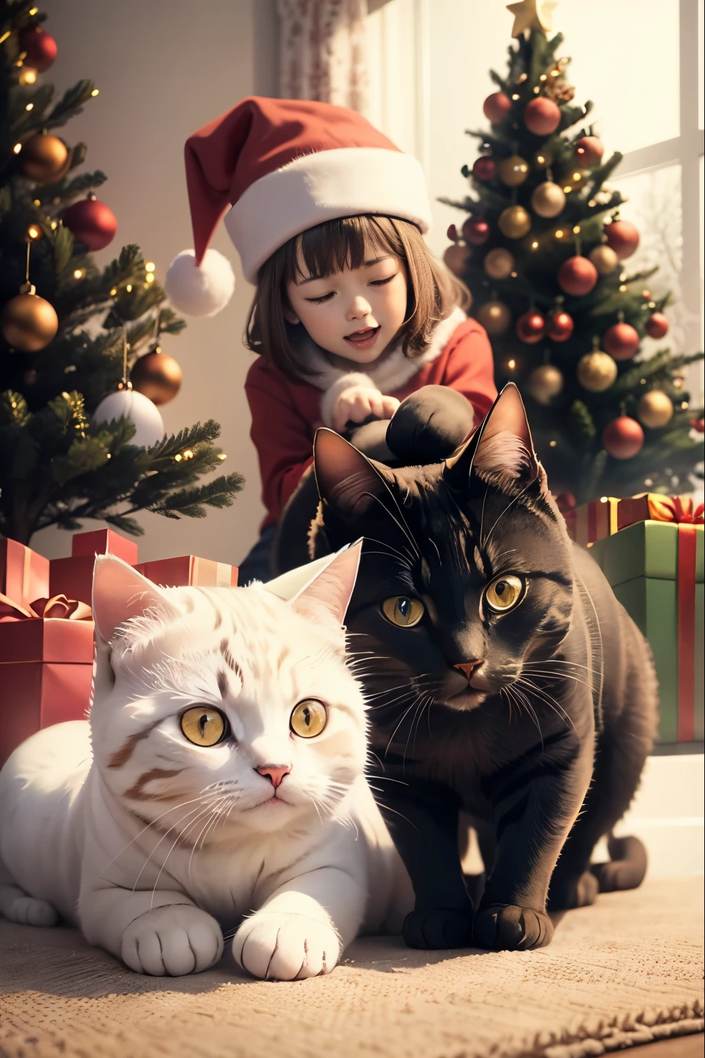 A cute cat and Christmas tree, A cat knocks down a Christmas tree, An innocent expression.