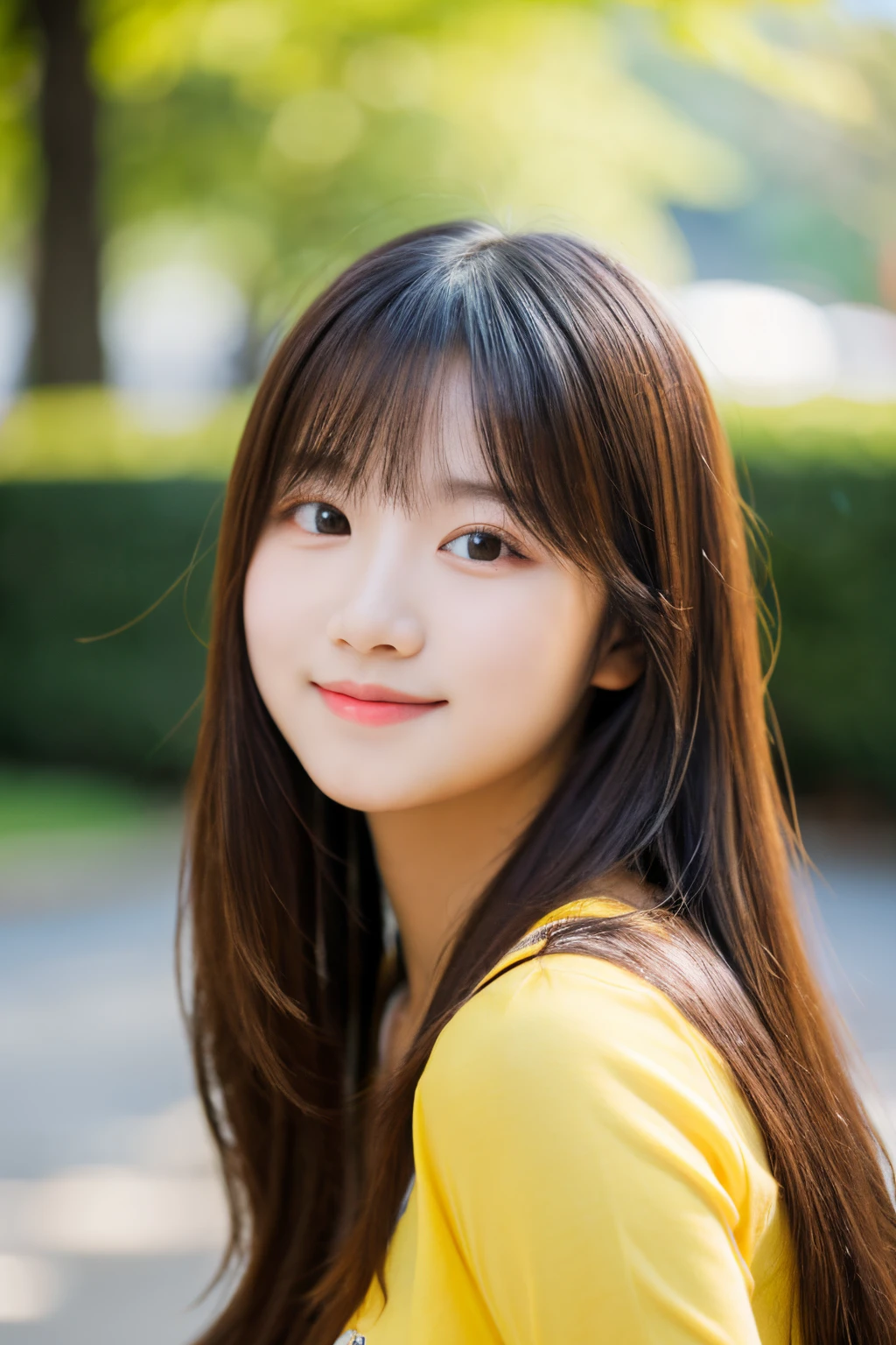 1 girl, pure yellow shirt, black long hair, bokeh, 17 yo, soft smile