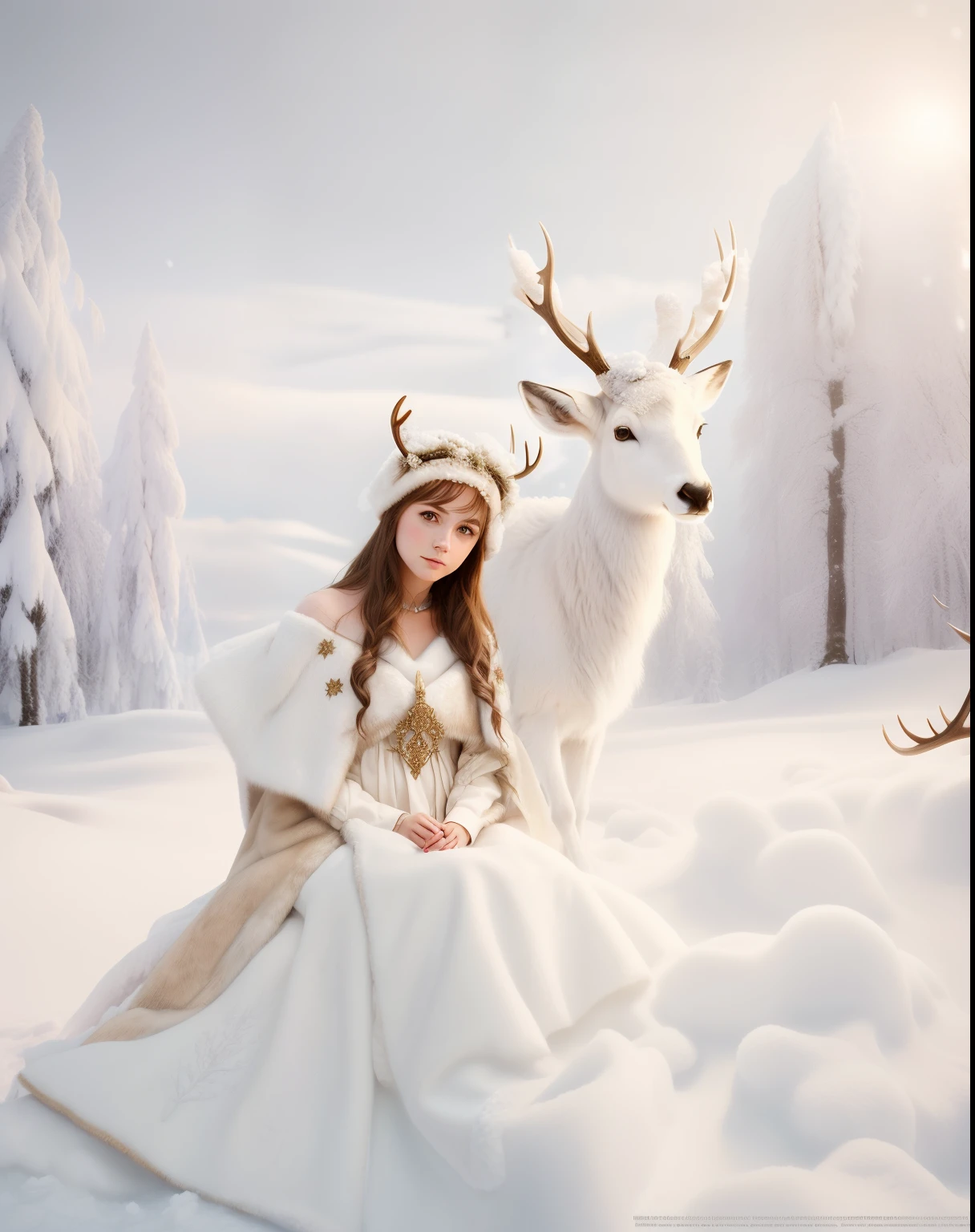 (Girl sitting with reindeer in the snow), (((((a cape made of deer skin falls from the shoulder into the foreground+++++))))), ((((turns smoothly into a snowdrift )))))), (put the deer's head on its side+++), (((graceful horns on the head))), Fantasy photography, fantasy matte painting, ((((Volume++)))), lost in a dreamy fairy landscape, The White Witch, Young woman with horns, beautiful nordic woman, with white deer, Realistic fantasy, photograph of pale ivory skin, Monia Merlo Placeholder Image, emma watson as the queen of ice