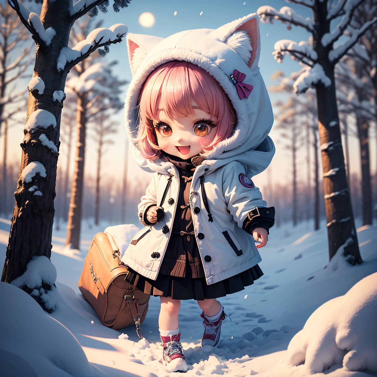 masterpiece、top-quality、ultra-detailliert、(Chibi Chara's Daughter:1.27)、Fox ears、Fairy tale forest in heavy snowfall area、Dancing、White duffel coat、Open your mouth and smile