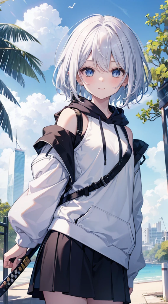 mid-shot, Look at viewers, hands behind back, girl with, 20 years old, Very short hair, long bangs between eyes, hair over shoulder, Grey Hair, Floating hair, ^ ^, pale blue eyes,, Hoodie, The shirt,Skirt, Bare shoulder, White clothes, Blue sky, Nature, Sunlight, Extremely detailed,(​masterpiece、top-quality)、独奏、1womanl、White hair、the tips of the hair are blue、Black eyes、A smile、White skin as clear as snow、Fantastical,Small breasts, Silver hair, , Beautiful eyes,  Girl, Ecstasy, charmed, be smitten with audience, Hoodie, Hoodie with open front, White muffler, Shoulder out,Black skirt, snowscape , Sunlight,having katana