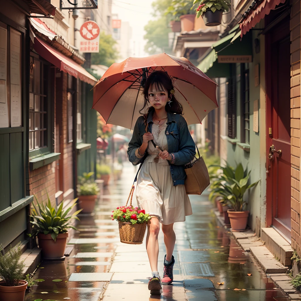 create cute baby,healthy,carry umbrella,with basket of fruits --auto --s2