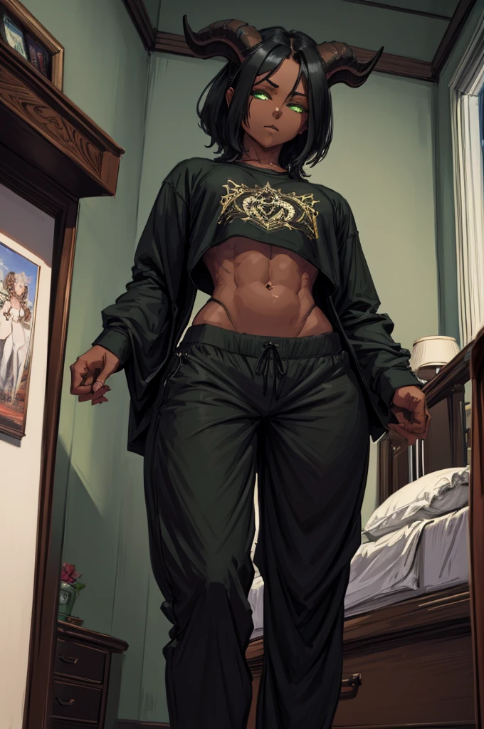 (Masterpiece) (High Detail) (High Res) (Black Skin) Looking from below A young teenage black humanoid girl with dark skin and ebony flesh and green eyes and short black hair and goat ears and short dark goat horns and a toned teen body and average to small breasts dressed in cute pajama pants and shirt in a bedroom