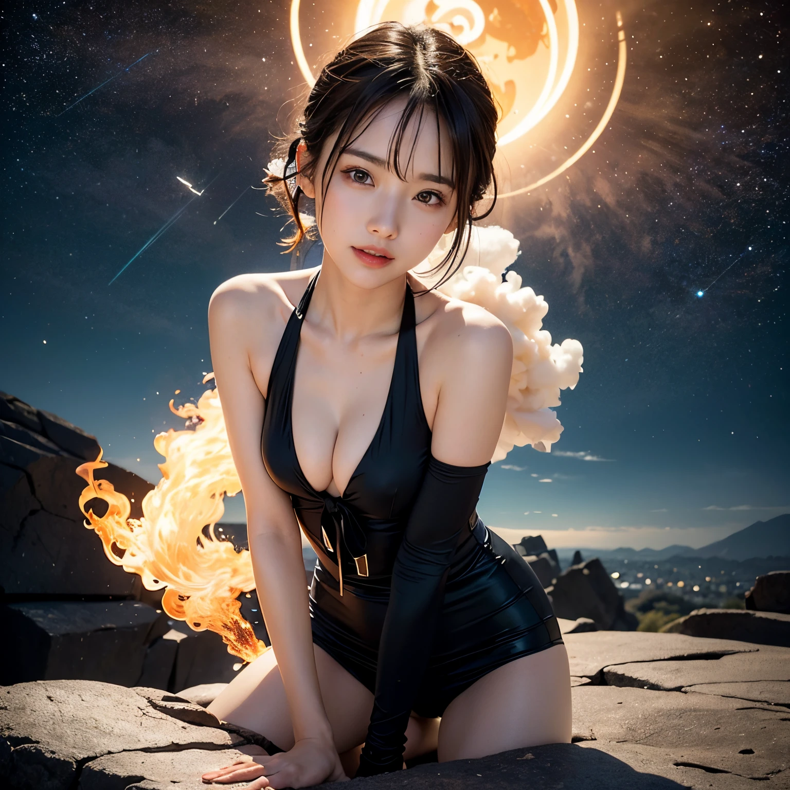 (masutepiece, Best Quality:1.2), 8K, Official art, Wearing a suit、Full body photo, full body Esbian、swim wears、 Beautiful barefoot woman with dark hair floating in the air, hold a flame in your right hand、in his left hand he holds a lightning bolt、Bright lava light rises above the broken Earth from beneath the asteroid belt(Jagged rock rocks and fragments shot into the air:1.3) (Storm of windy dust debris:1.1) Volume fogmist by trace Z、It can allow bright light from below to pass through、 (masterpiece) (top-quality) (detaileds) (8K) (电影灯光) (foco nítido) (Convoluted)A dark-haired、14years、small tits、A delightful、A smile、unbelievable Ridiculous, (Beautiful girl with upper body, Pretty Face, arching back down, Gold hair ornament on hair、Wearing a cute suit、close up, Wearing a suit, Short sleeve, gardenia, violaceaess, Teen, space system, Looking at Viewer, Film grain, chromatic abberation, Sharp Focus, face lights, Dynamic lighting, Cinematic lighting, Eyes and faces with detailed, Bokeh background, (Tie with Emma written on it、1 copy:1.2)