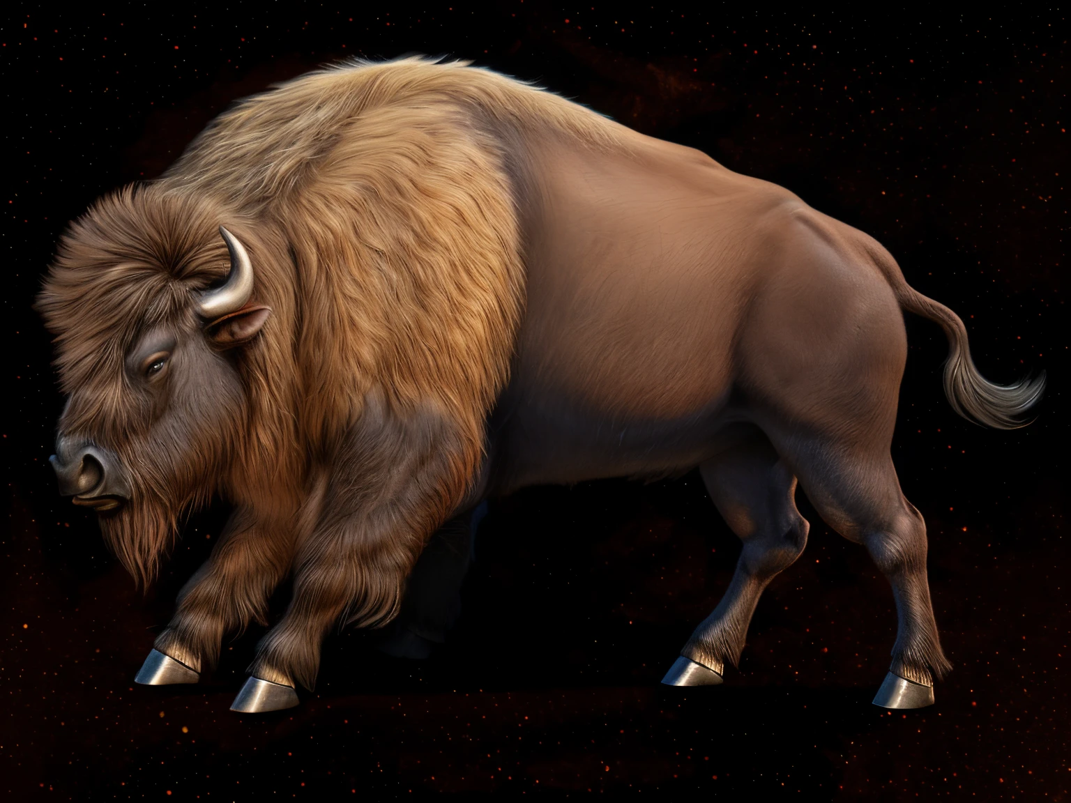 bull walking sideways, buffalo, humpback bison, There are a lot of manes on the body, Lots of leg hair, Bison have thick manes, Super quality, extremely high resolution. 8K, exquisite detailing, The proportions are reasonable, There are layers of light and shadow