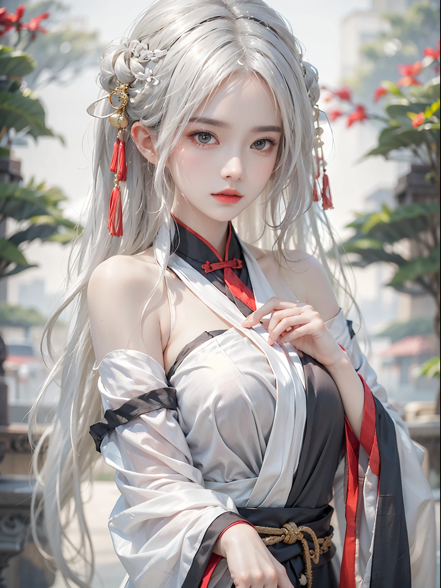 realistically, A high resolution, 1 girl, White hair rings, 黑The eye, Chinese feelings, Hanfu, normal breast