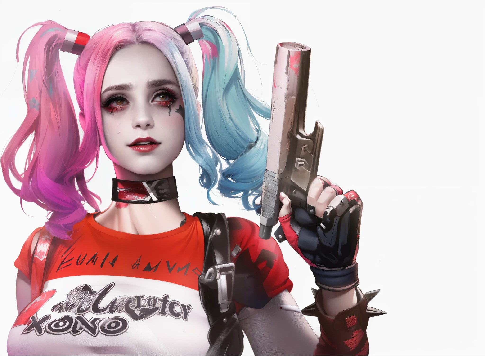 Upset woman with baseball bat and baseball cap, Harley Quinn, Harley Quinn Station, harley queen, Harley Quinn, Portrait of Halle Quinn, Highly detailed iconic characters, Harley Quinn movie stills, Black Harley Queen Cosplay, Emma Watson plays Harley Quinn, videogame character, Poor posture, Emma Watson is Harley Quinn, GameCG, badass look