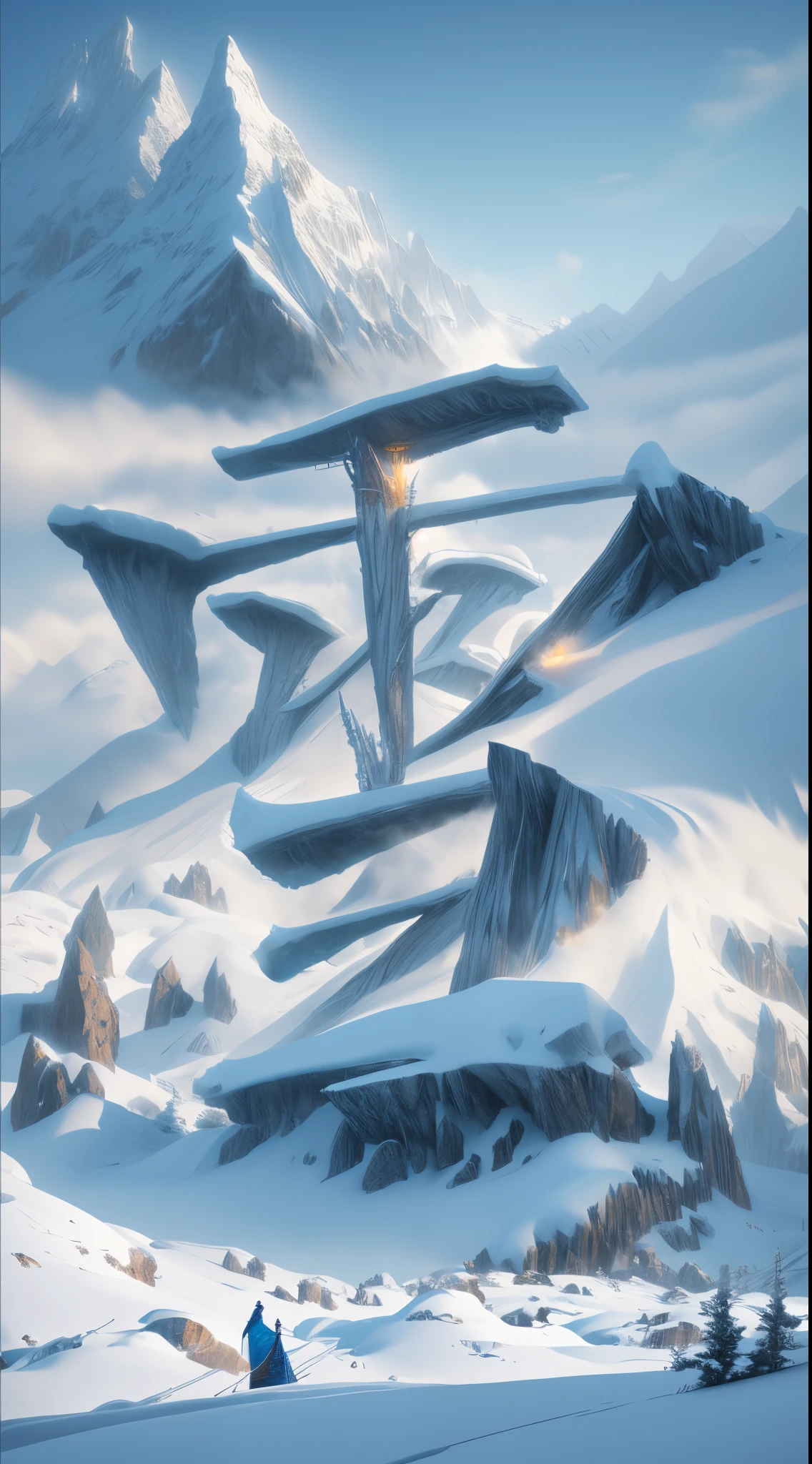 （Huge snowy mountains），（Blizzarding），Fantasyart，Surreal，,the ultra-detailed,