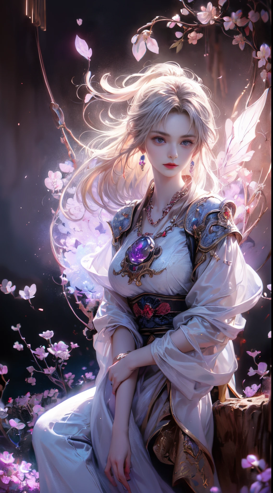 1 Beauty in Hanfu, ((The white thin purple silk shirt is very textured)), white lace top, Purple platinum long ponytail, jewely, ear jewelry, necklace and necklace, meticulously drawn large purple eyes, Be careful with makeup, tthin eyebrows, a tall nose, Beautiful red lips, No smile, Pouting your lips, Red fluttering face, broad chest, Large breasts, Proportional breasts, a slender waist, Purple fishnet socks, chinese hanfu style, fictional artistic texture, vibrant with colors、realisticlying, RAW photogr, Photorealistic photos, Ultra high quality 8K surreal photos, (Effective fantasy lighting effects: 1.8), 10x pixels, magical effect (Background with): 1.8), Ultra-detailed eyes, Full body portrait of a girl , Chinese royal background, dynamicposes
