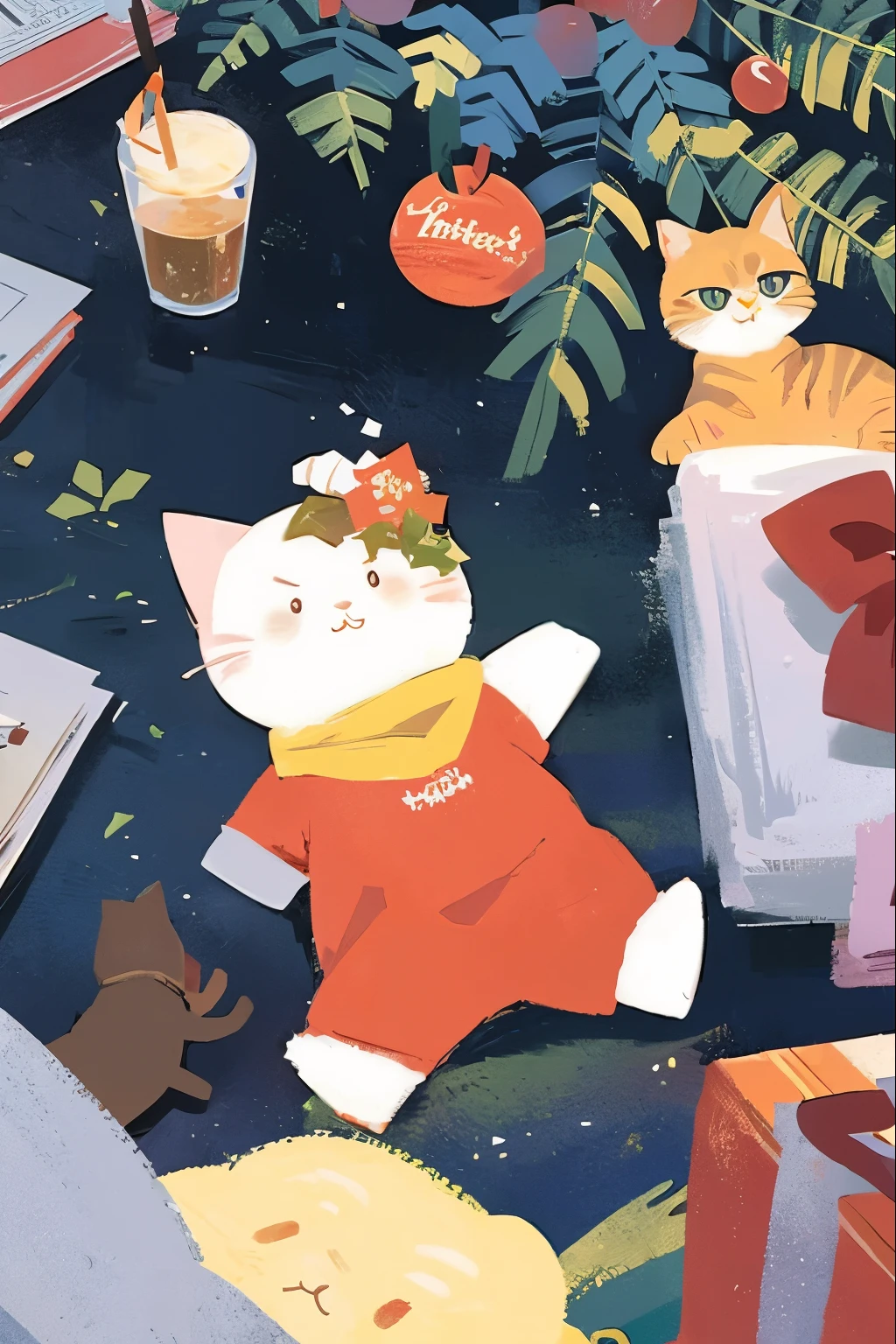 A cute cat and Christmas tree, A cat knocks down a Christmas tree, An innocent expression.