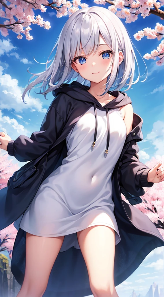 mid-shot, Look at viewers, hands behind back, girl with, 20 years old, Very short hair, long bangs between eyes, hair over shoulder, Grey Hair, Floating hair, ^ ^, pale blue eyes, Short dress, Hoodie, Skirt, Bare shoulder, White clothes, Blue sky, Nature, Sunlight, Extremely detailed,(masterpiece、top-quality)、独奏、1womanl、White hair、the tips of the hair are blue、Blue eyes、A smile、White skin as clear as snow、Fantastical,Small breasts, Silver hair, Blue eyes, Beautiful eyes, Girl, Ecstasy, charmed, be smitten with audience, Hoodie, Hoodie with open front, fantastic landscape, Shoulder out,White muffler,Cherry blossom background,Soio
