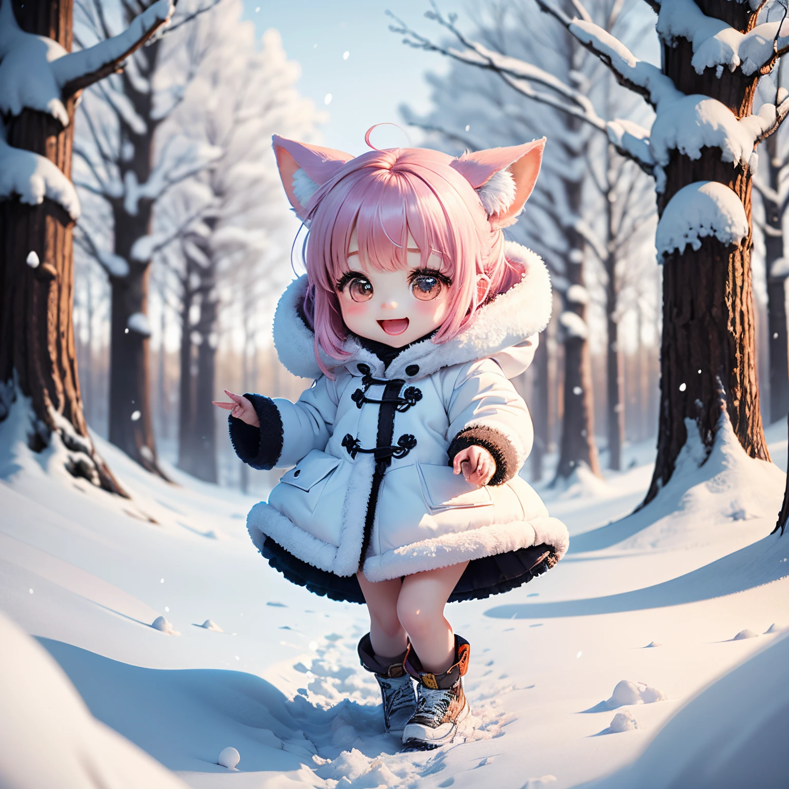 masterpiece、top-quality、ultra-detailliert、(Chibi Chara's Daughter:1.27)、Fox ears、Fairy tale forest in heavy snowfall area、Dancing、white fluffy duffel coat、Open your mouth and smile