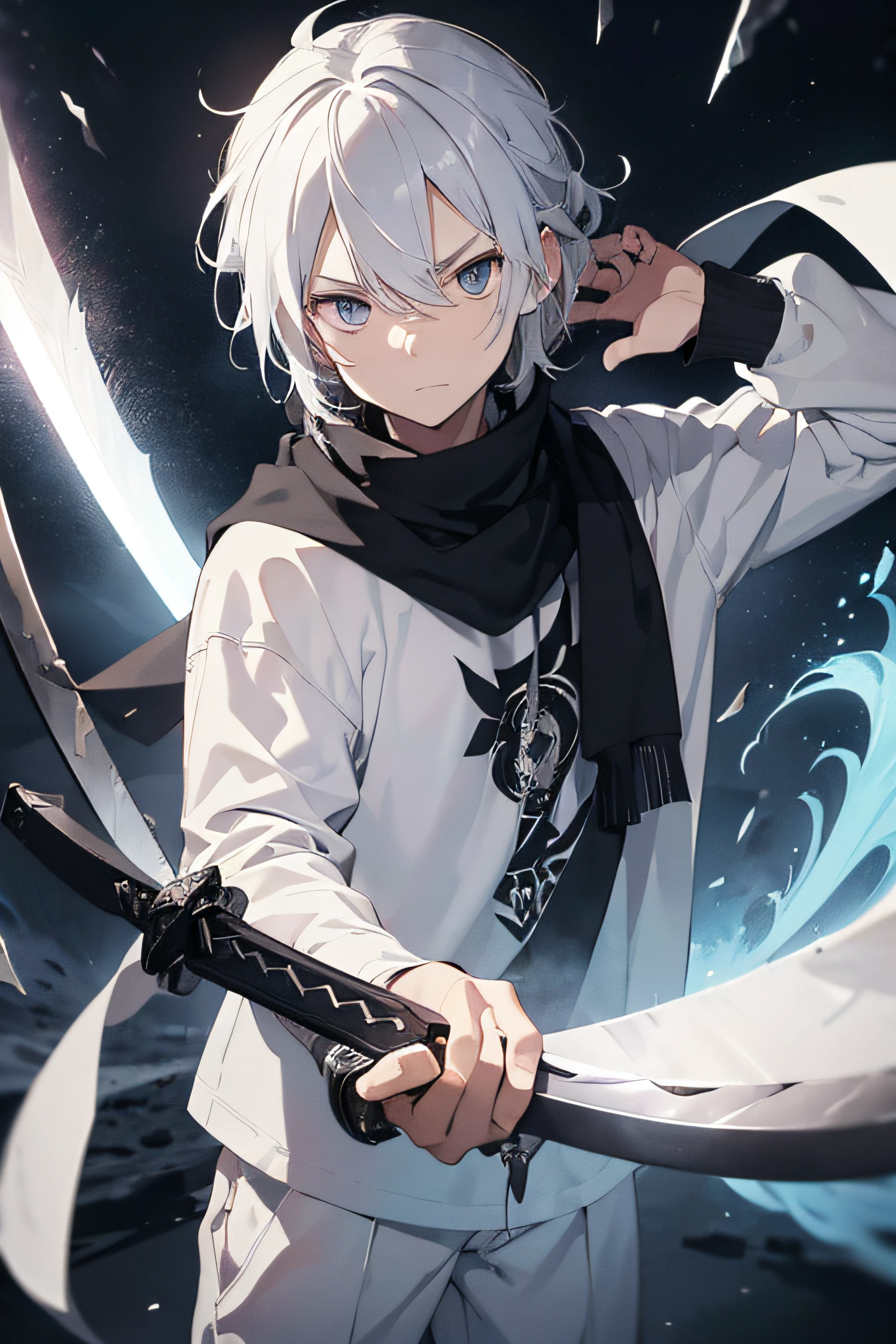 ((masterpiece,bestquality)),A young man with white hair., long, Messy hair was tied back., timid, Black doomsday style long sleeve shirt., bandana, and white trousers. Looks tired and lazy, Cold Page, Relaxed expression. white effect ((The weapon is a large sword.. The blade had a dark black aura..))