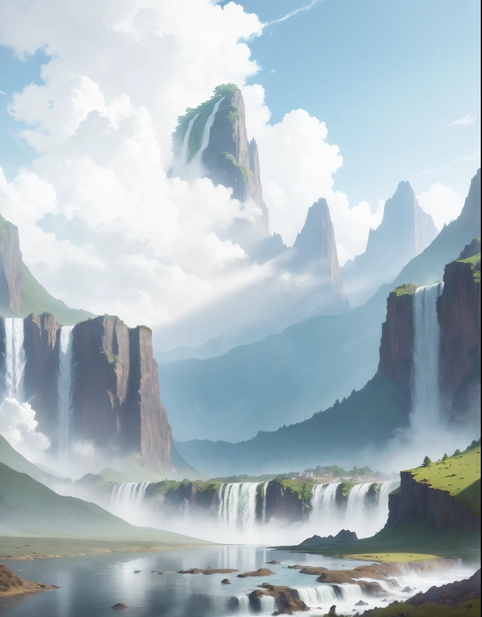 there is a painting of a waterfall in the middle of a mountain, waterfalls in the background, waterfall in the background, waterfall background, background artwork, background art, waterfalls in distance, immense waterfall, avatar landscape, waterfall in background, epic background, waterfall in distance, random background scene, soft focus matte painting, anime movie background, mobile game background, waterfall backdrop