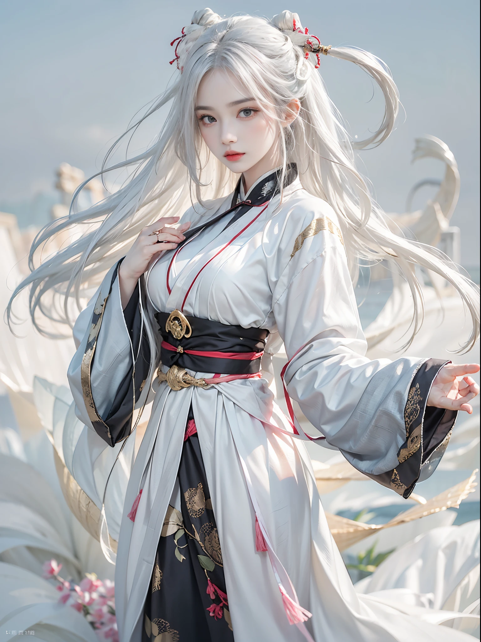 realistically, A high resolution, 1 girl, White hair rings, 黑The eye, Chinese feelings, Hanfu, normal breast