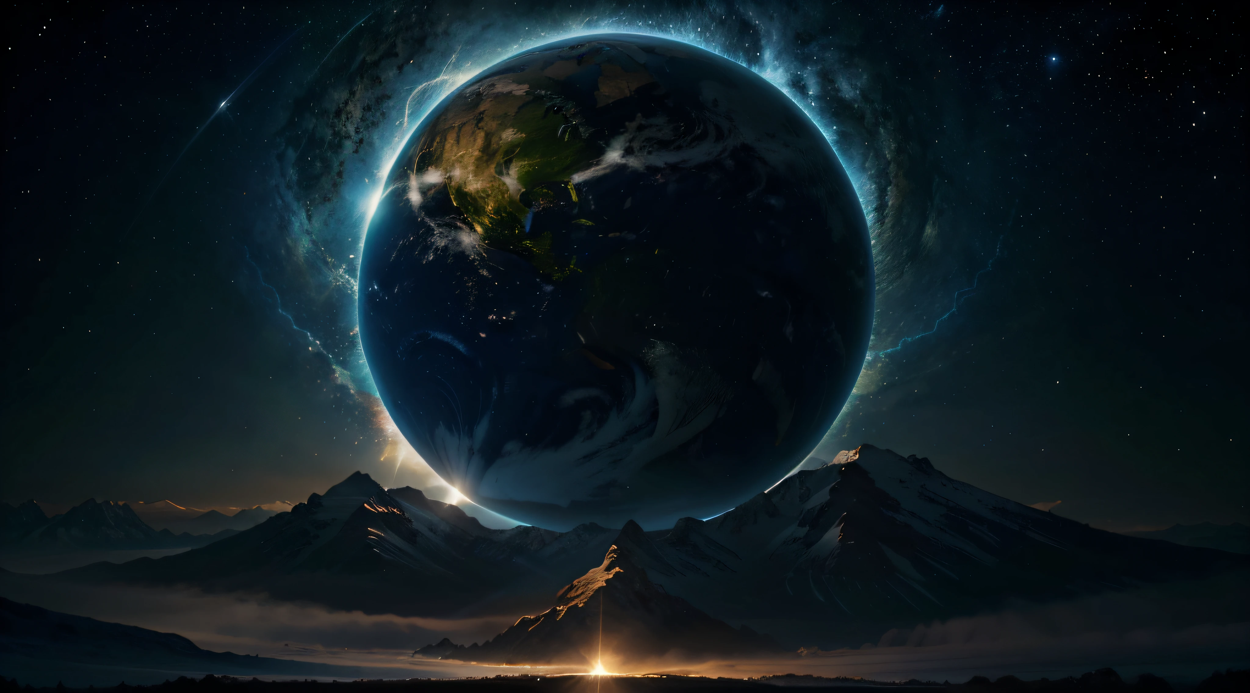 Describe a visually stunning scene of the creation of the world, as narrated in the book of Genesis in the Bible, including the divine presence of God. Retrate Deus de maneira majestosa, expressing His power as He performs the acts of creation. Detail His presence in separating light from darkness, in the formation of the heavens and the earth, in livestock, and by molding man into His image. Explore cores, Texturas, and visual elements that convey the grandeur and beauty of this epic moment, enfatizando a magnitude do poder divino."