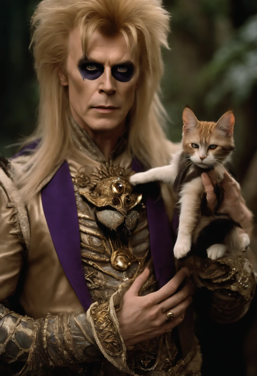 A photo of Jareth, the Goblin King, holding an ornate masquerade mask, with enigmatic eyes peering through the eye holes,Labyrinth,Jareth has long spiky blonde hair, purple eyeshadow with cat-eye eyeliner, wears a frilly shirt and tight pants, and a high open collar. Portrayed by David Bowie in the film "Labyrinth", male