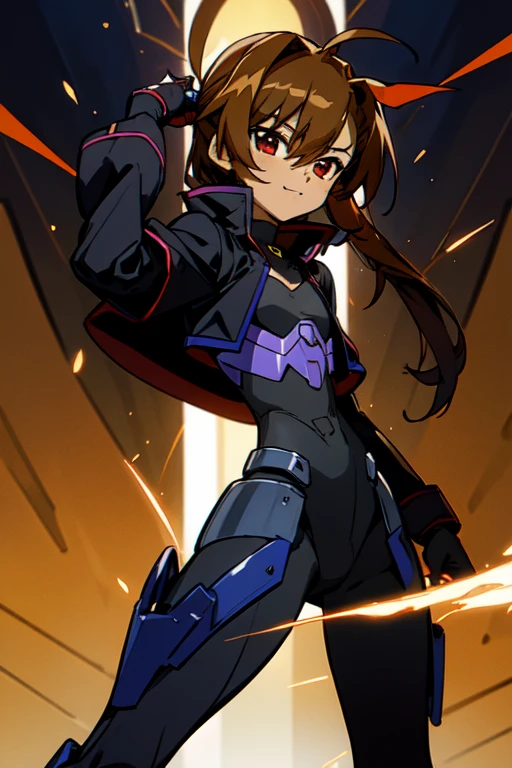 (Dark skin otokonoko), cute,(1 boy) very long dark brown hair, red eyes, (flat chested) wearing Magical Girl Lyrical Nanoha StrikerS: Vivio Takamachi black barrier jacket, black blue armoured bodysuit, black gauntlets, standing still, cute smile