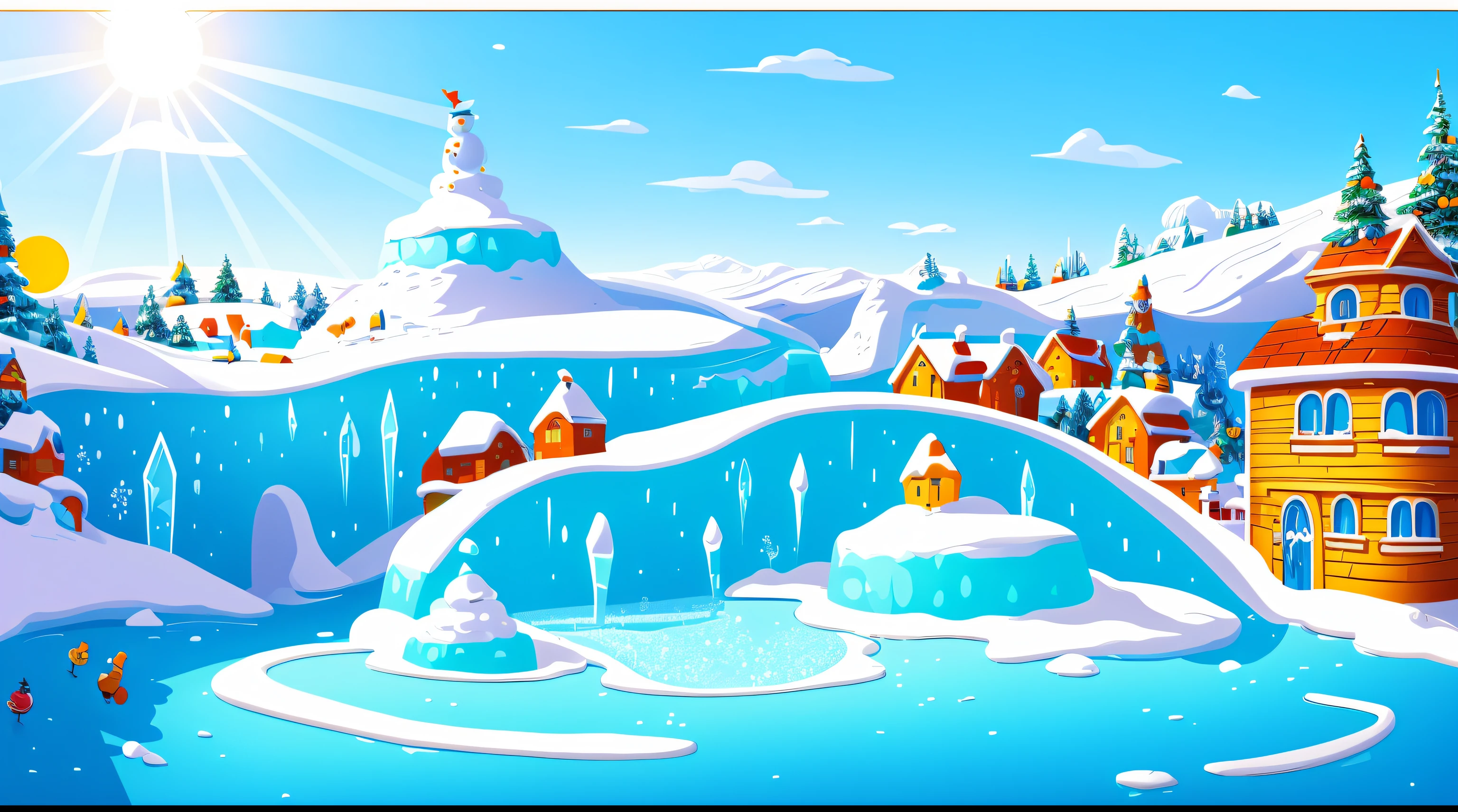 Bright, (((Cartoon style))), beautiful landscape without people, depicting ice slides, ice sculptures, ((Sunny day)), illustration for children, Masterpiece, snowmen in the background, Detailed, Intricate, 4k, Art