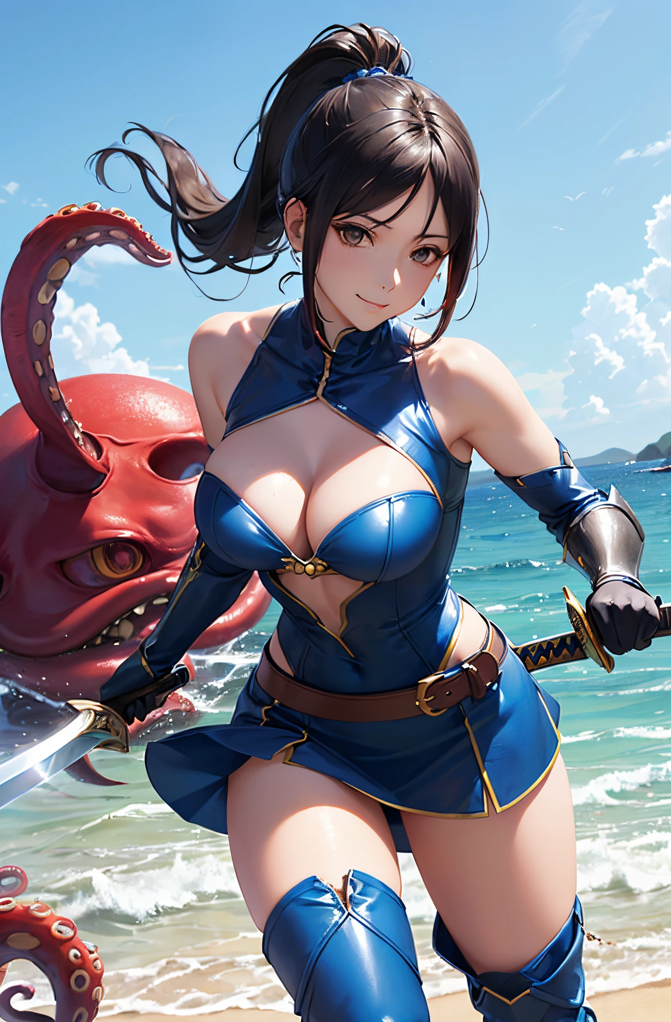 (masutepiece:1.5)、(top-quality:1.5)、(16k wallpaper:1.2)、(Photorealsitic:1.2)、(ultra-detailliert:1.2)、(超A high resolution:1.2)、(Ultra-detailed and realistic skin:1.2)、Detailed and clean eyes、Tsuriformes、Beautiful eyeshadow、(Sea sand beach)、(Octopus Monster:1.2)、(Defeat the octopus monster with a great sword:1.5)、(long black high ponytail:1.3)、Natural Color Lip、large full ???????、Superheroine in a revealing costume、(luxury blue ???? armor、a miniskirt、knee high boots and sword:1.3)、Cute smile、battle dancing、Agile movement