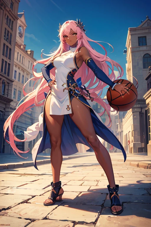 ((best quality)), ((masterpiece)), (detailed), detailed, rpg, full body, pose, nba, white, bright blue, bright pink red, dark skinned