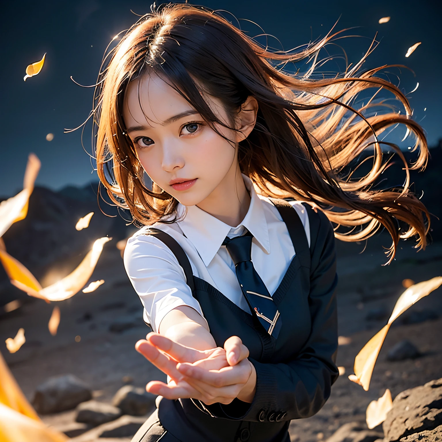 (masutepiece, Best Quality:1.2), 8K, Official art, Wearing a suit、Full body photo, full body Esbian、Emma fastening her tie. Beautiful barefoot woman with dark hair floating in the air, hold a flame in your right hand、in his left hand he holds a lightning bolt、14years、Bright lava light rises above the broken Earth from beneath the asteroid belt(Jagged rock rocks and fragments shot into the air:1.3) (Storm of windy dust debris:1.1) Volume fogmist by trace Z、It can allow bright light from below to pass through、 (masterpiece) (top-quality) (detaileds) (8K) (电影灯光) (foco nítido) (Convoluted)A dark-haired、14years、small tits、A delightful、A smile、unbelievable Ridiculous, (Beautiful girl with upper body, Pretty Face, arching back down, Gold hair ornament on hair、Wearing a cute suit、close up, Wearing a suit, Short sleeve, gardenia, violaceaess, Teen, space system, Looking at Viewer, Film grain, chromatic abberation, Sharp Focus, face lights, Dynamic lighting, Cinematic lighting, Eyes and faces with detailed, Bokeh background, (Tie with Emma written on it、1 copy:1.2)