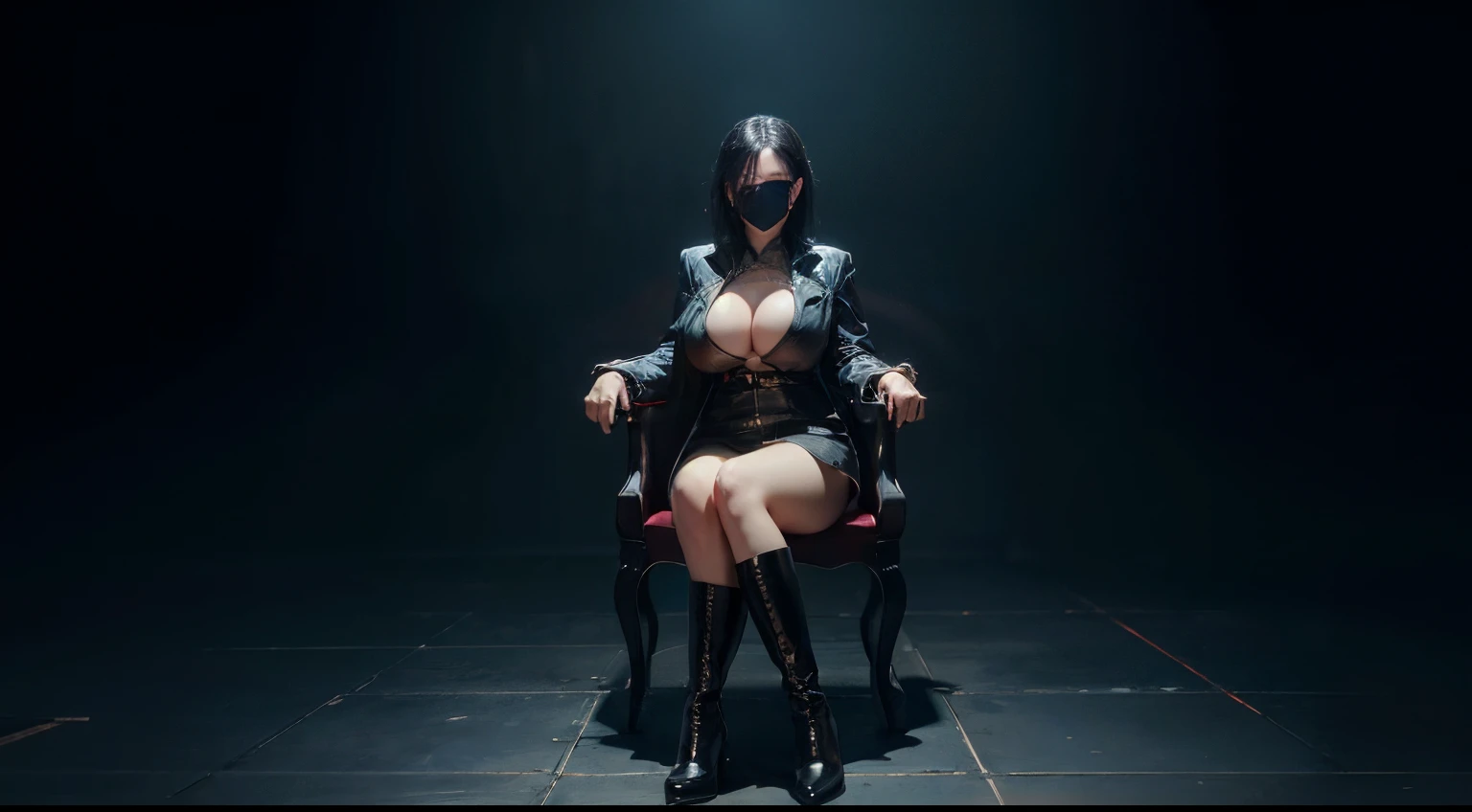 (very detailed 8k wallpaper), ((best quality)), ((masterpiece)), (detailed), Big boobs,asian girl, matrix movie, trinity,sit, black hair, high heel boots, matrix background, ((mask)), perfect eyes, enter the matrix, neo,