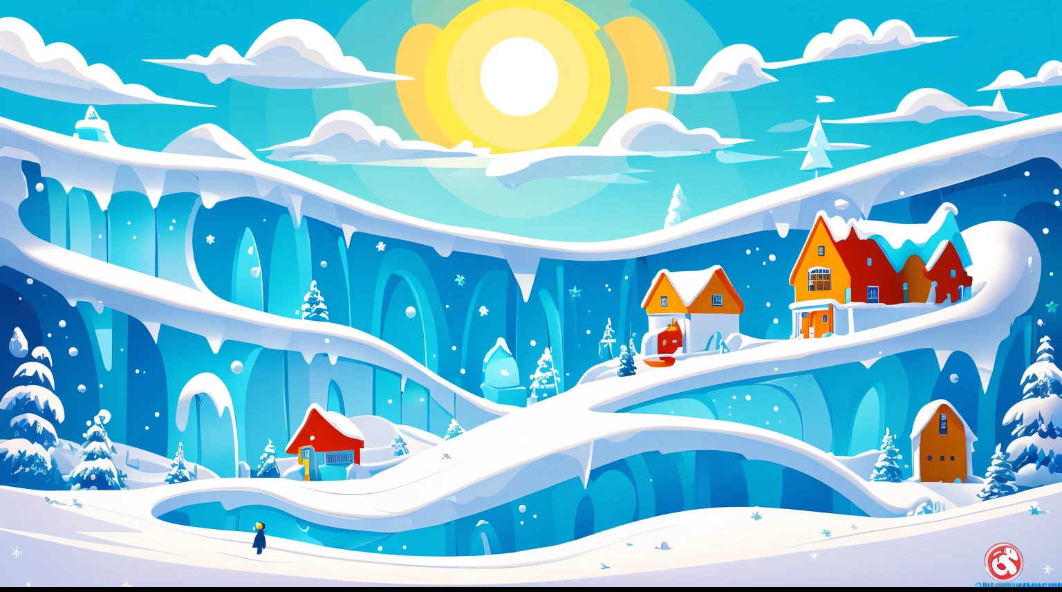 bright, (((cartoon style))), a beautiful landscape without people depicting ice slides, ice sculptures, ((sunny day)), illustration for children, masterpiece, snowmen in the background, detailed, intricate, 4k, art