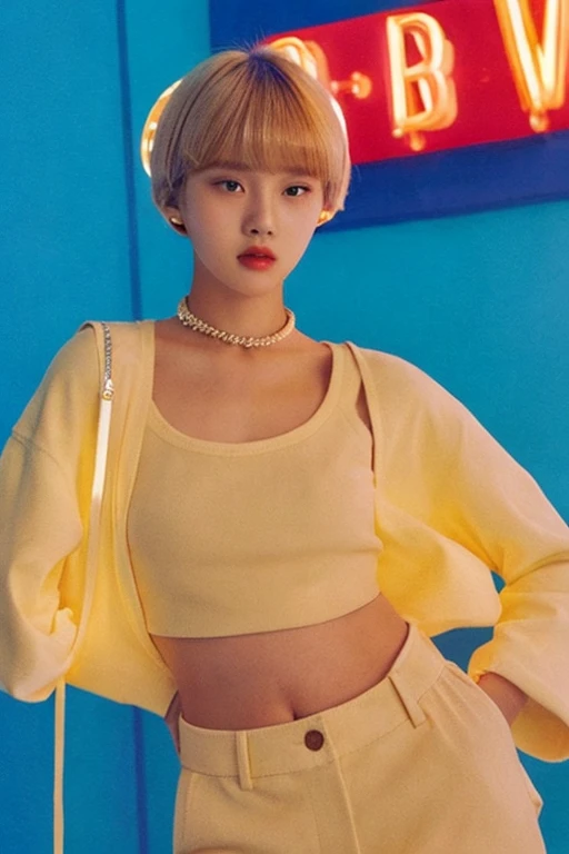 women are beige,An 18-year-old woman、Pattsun bangs、Round Bob Hair、Retro、fluorescent clothing、Fashion Editorial