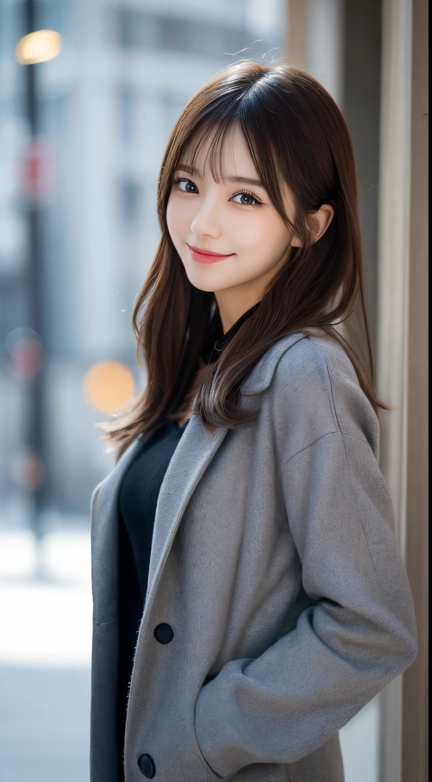 masutepiece, Best Quality, Illustration, Ultra-detailed, finely detail, hight resolution, 8K Wallpaper, Perfect dynamic composition, Beautiful detailed eyes, Winter clothes,Medium Hair,Small breasts natural color lip, Bold sexy poses,Smile,Sexy backgrounds、20 years girl、Cute、Sexy shot looking at camera blur background,Wear a long black coat