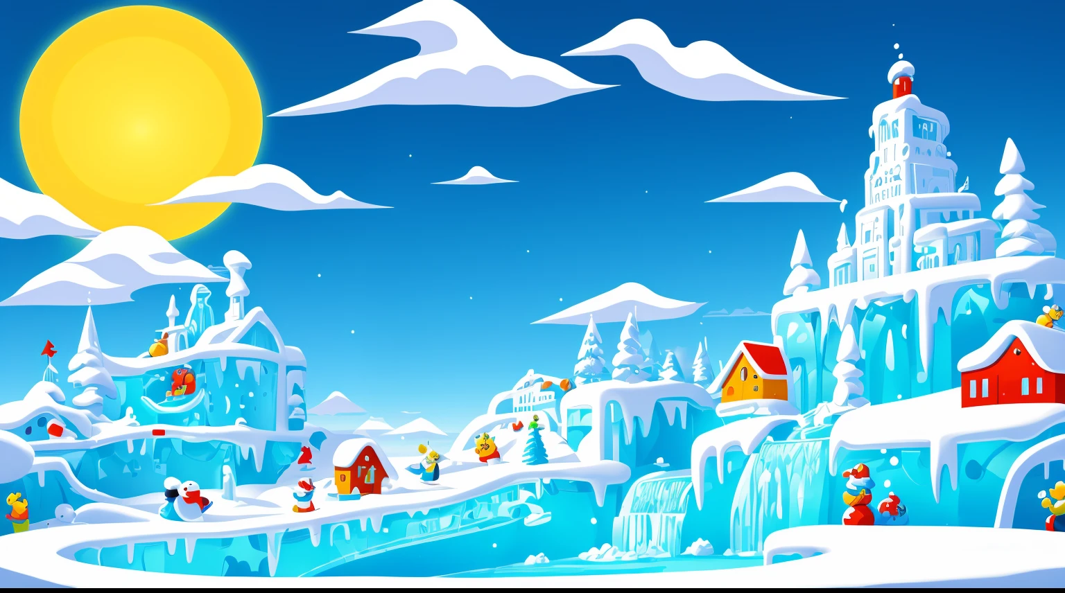 bright, (((cartoon style))), a beautiful landscape without people depicting ice slides, ice sculptures, ((sunny day)), illustration for children, masterpiece, snowmen in the background, detailed, intricate, 4k, art
