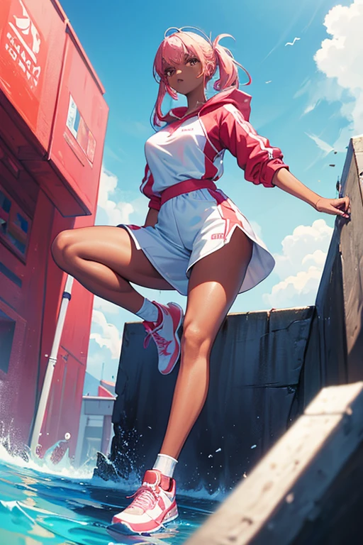 ((best quality)), ((masterpiece)), (detailed), detailed, full body, pose, nba, white, bright blue, redpink, dark skinned, sports clothing, streetwear, techwear