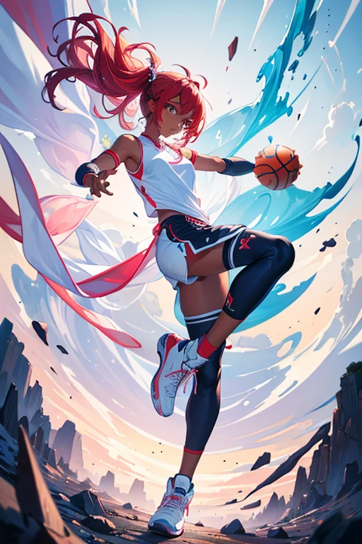 ((best quality)), ((masterpiece)), (detailed), detailed, full body, pose, nba, white, bright blue, redpink, dark skinned, sports clothing, streetwear, techwear