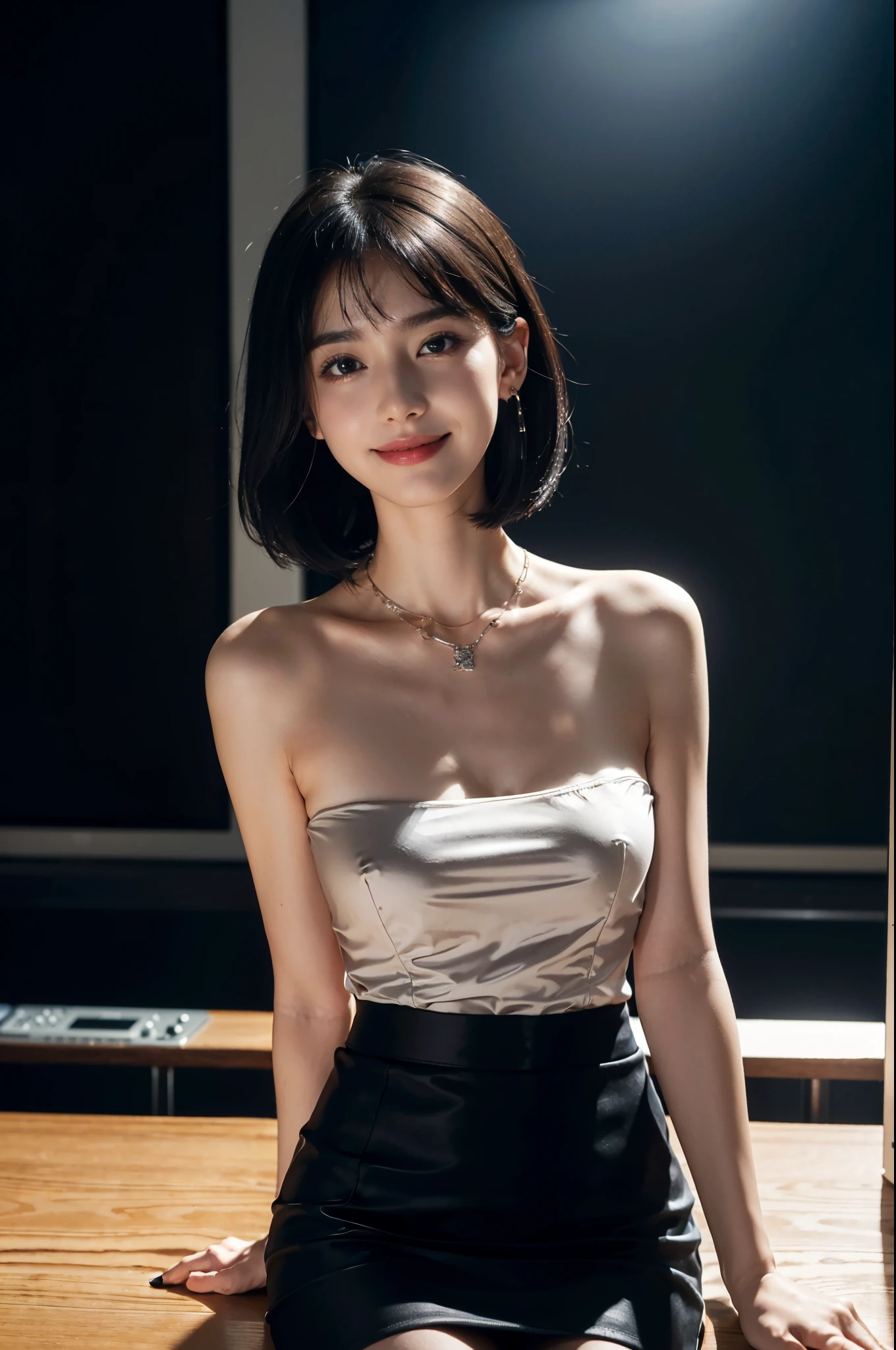((8K，masterpiece，best quality))，TV programs, news programs, presenters in the host broadcast news, broadcast halls, (sitting upright on the chair behind a table),(The table is in front of the girl),instruments and equipment on site,(a large screen),microphone on the table,A girl,solo,Extremely detailed facial details,(shoulder-length straight black bob hair:1.2),small head,small face,detailed watery eyes,pale skin,clear face,Wearing earphone in one ear,smile,happy,necklace,(random blazer and skirt set),(huge breasts),towering chest,slim,thin,(slender legs),pantyhose,Broadcasting in progress,upper body,(from front:1.5),Bright spotlight,Clavicle, cleavage
