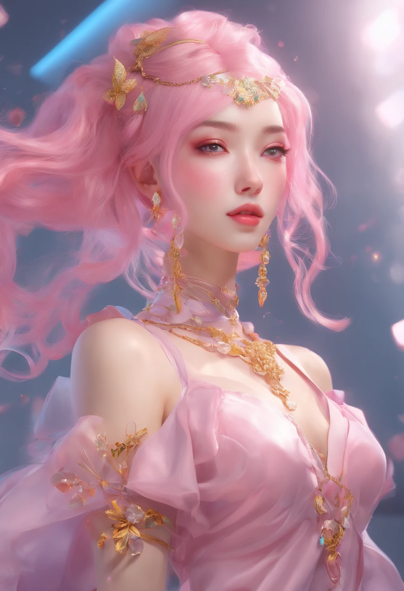 has pink hair and gold jewelry、Woman posing for photo, loish and wlop, ethereal beauty, 8k high quality detailed art, wlop loish and clamp style, artwork in the style of guweiz, wlop art, style of wlop, Trending on CGSTATION, wlop and ArtGerm, art of Wlop