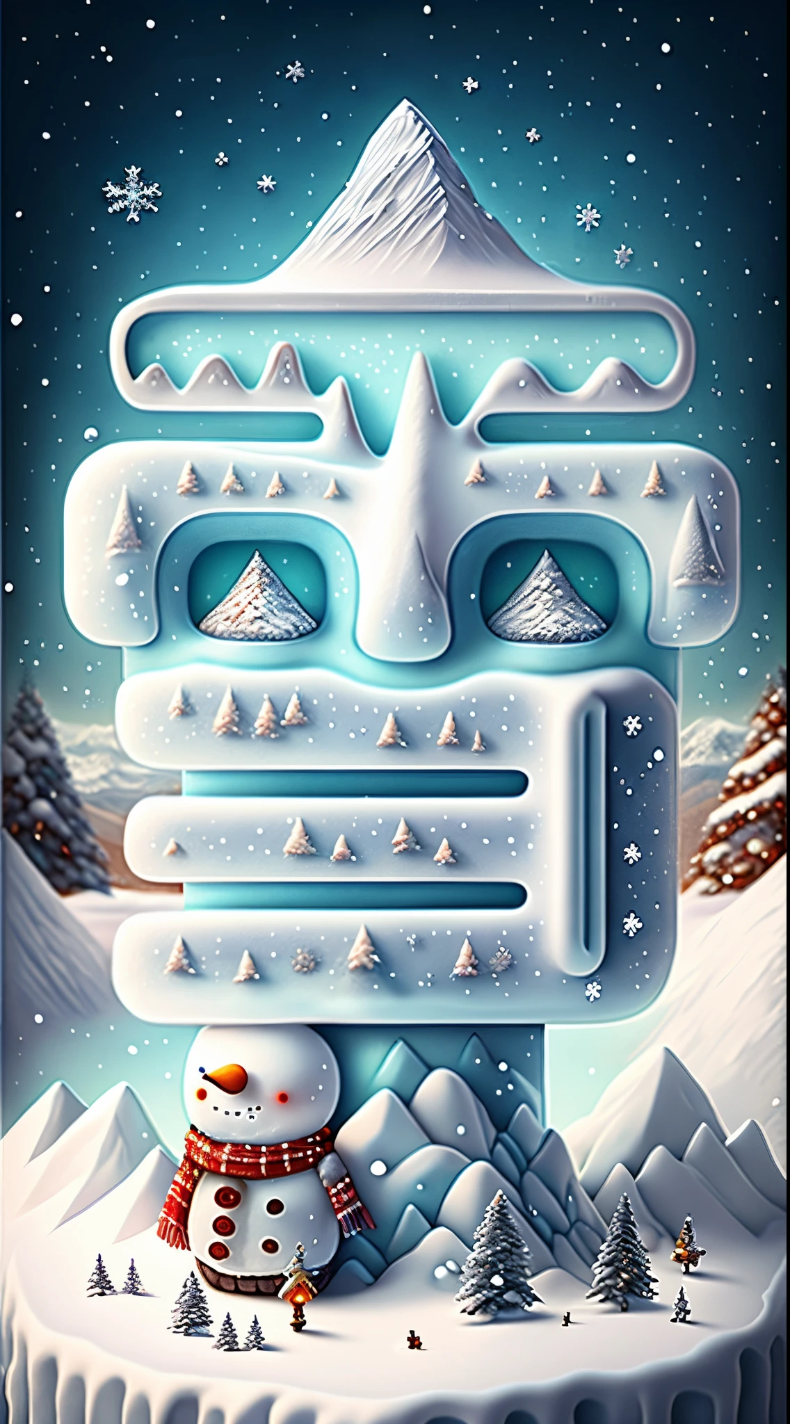 （Creative holiday poster design），（Huge snowy mountains），（Cute Snowman），Fantasyart，Surreal，,the ultra-detailed,