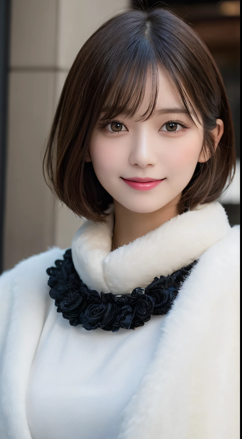 masutepiece, Best Quality, Illustration, Ultra-detailed, finely detail, hight resolution, 8K Wallpaper, Perfect dynamic composition, Beautiful detailed eyes, Women's fashion fluffy winter clothes,Short bob hair,mid-chest, Natural Color Lip, Bold sexy poses,Smile,Harajuku、20 years girl、Cute、Sexy shot looking at camera