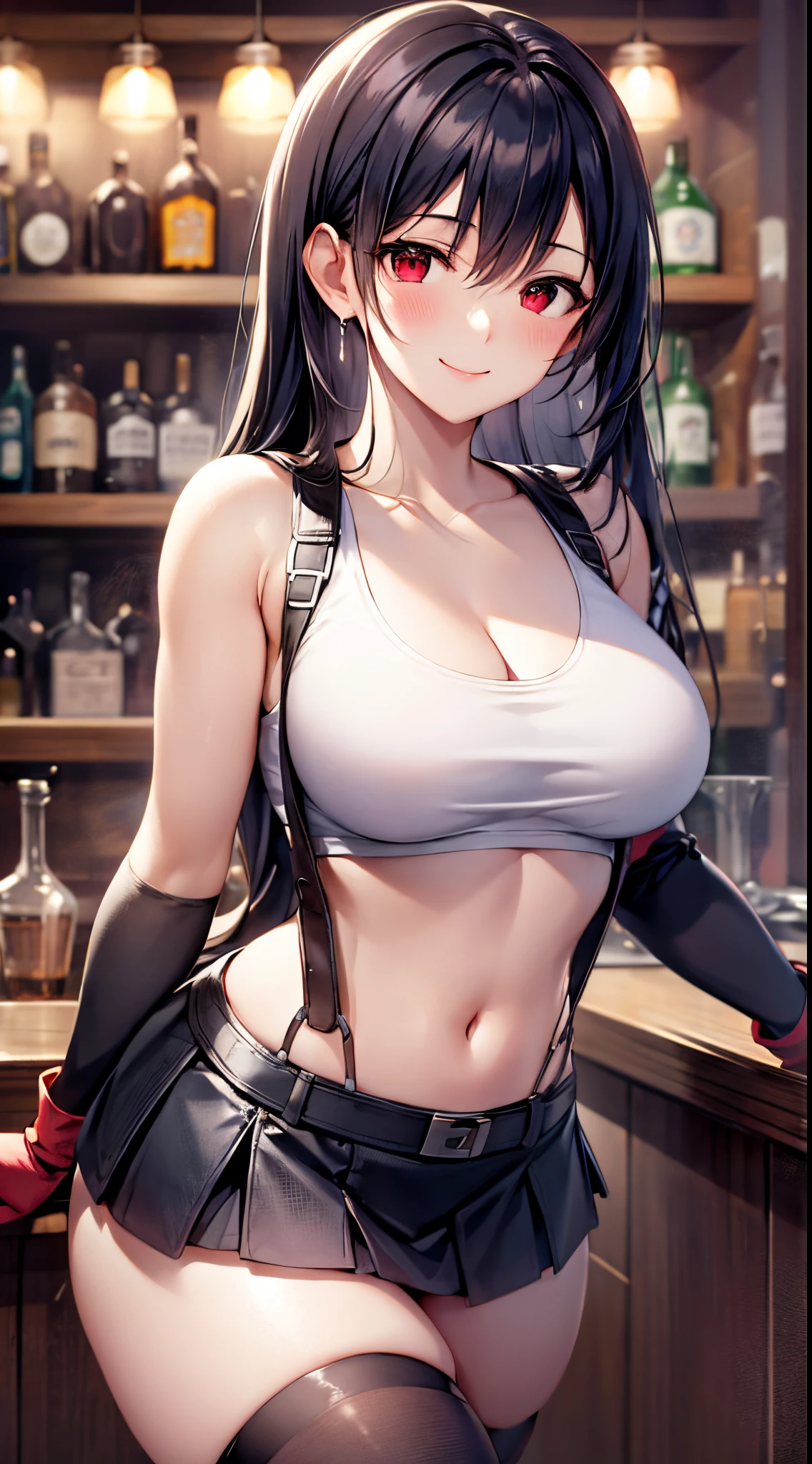 best quality, ultra-detailed, high resolution, extremely detailed CG, unity 8k wallpaper, super detailed skin, detailed, dynamic lighting, beautiful detailed eyes, tifa ff7, 1girl, solo, looking at viewer, blush, seductive smile, white tank top, black skirt, suspender skirt, midriff, black thighhighs, red gloves, white bra, zettai ryouiki, head tilt, bar counter, showing panties, dynamic pose, red eyes, smile, fighting stance,